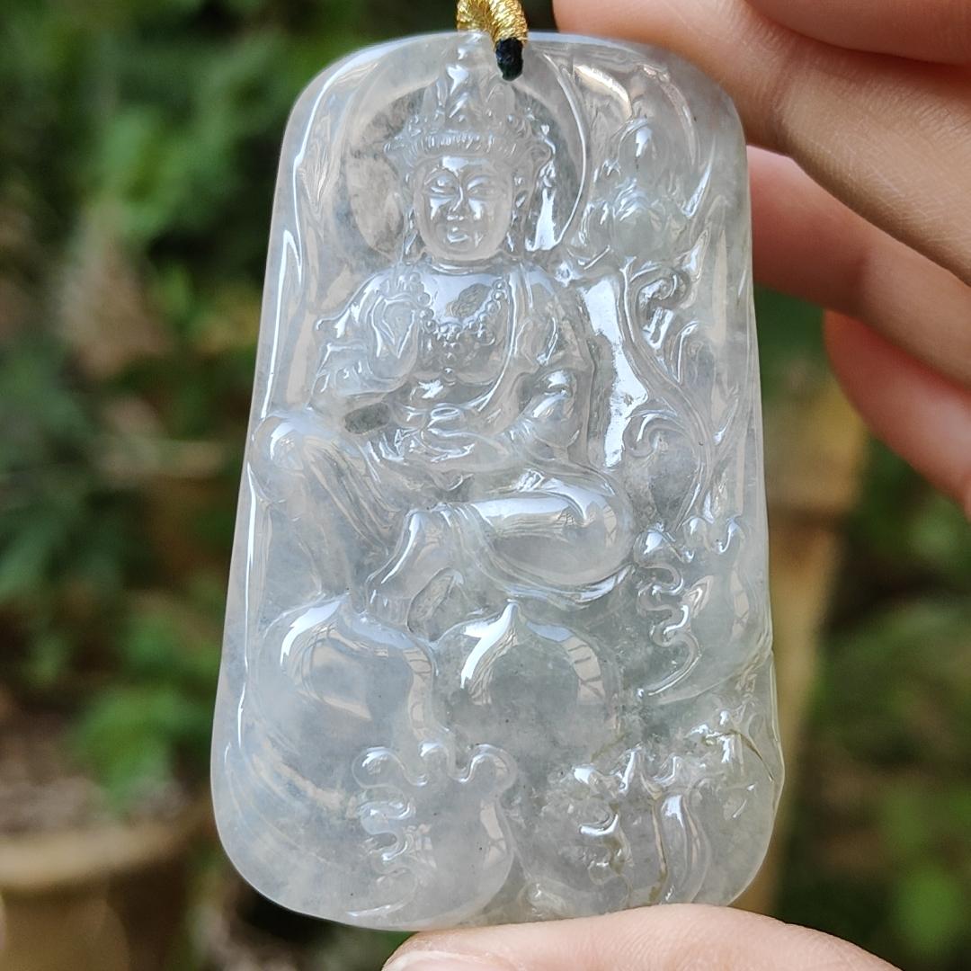 High Quality Icy Translucent Natural Type A Jadeite Jade crafted as Bodhisattva Pendant, certificate weighs 29.9 grams, measurement 64.5 * 40.3 * 5.5 mm (pendant286)