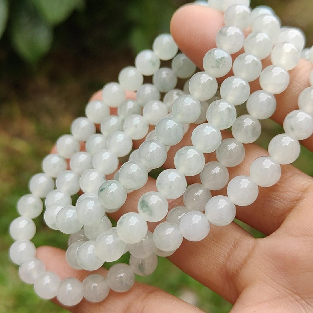 Premium Icy Translucent with Light Green patches Natural Type A Jadeite Jade crafted with 108 * 6.5 mm beads as Bracelet or Necklace, certificate weighs 52.19 grams (bracelet25)