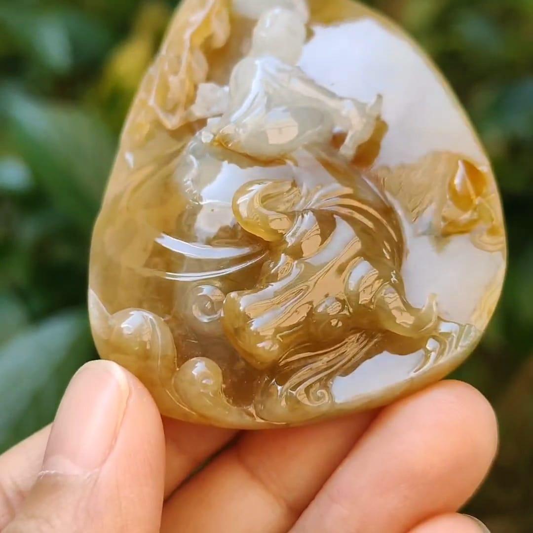 Rare Brown and White Natural Type A Jadeite Pendant carved with Laozi riding the cow with Yin and Yang, certificate included we ighs 68.76 grams, 69.10 * 48.70 * 17.20 mm, the collector's edition or daily wear (pendant94)