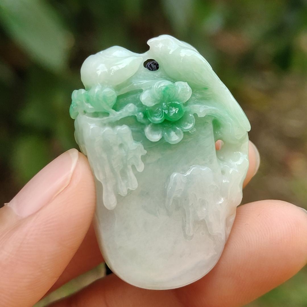 Beautifully crafted with birds and flower light green Natural Type A Jadeite Jade as Pendant, certificate weighs 18.63 grams, measurement 38.3 * 25.9 * 9.6 (pendant247)