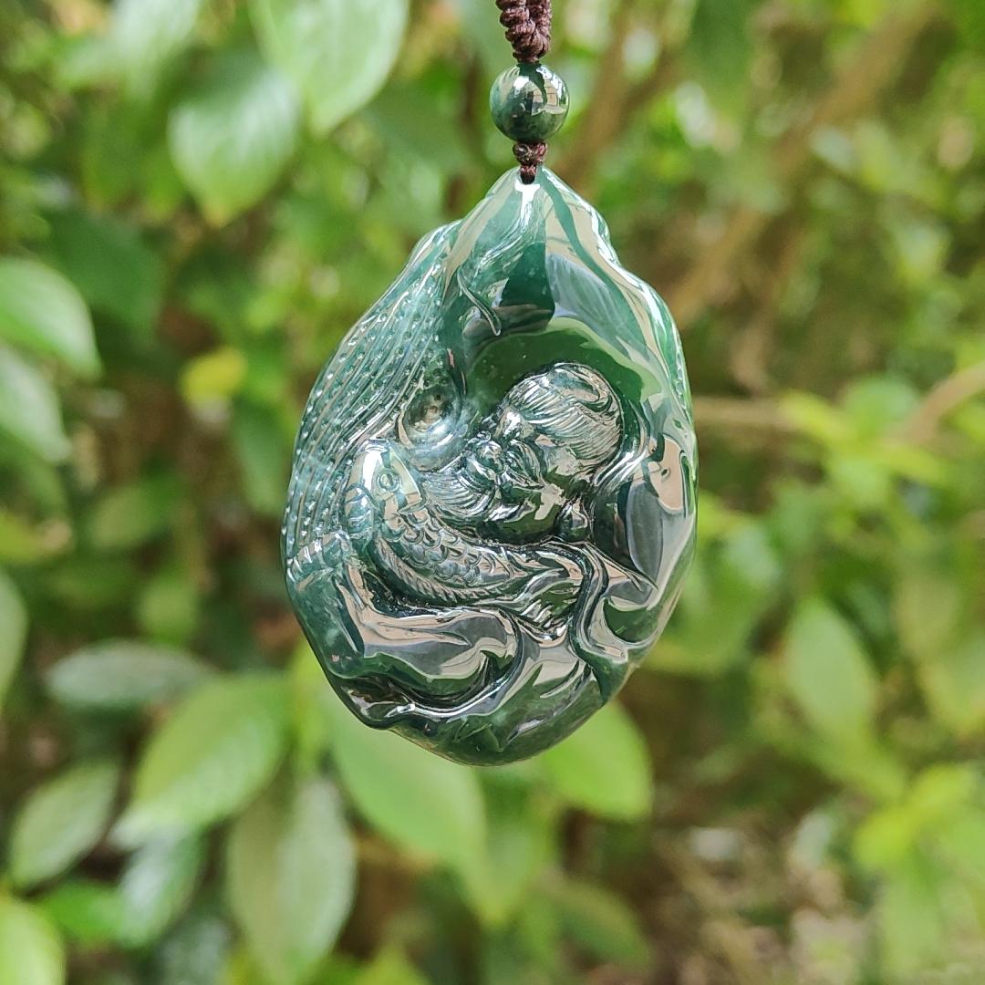 Carved as the fisherman benefits rare green Natural Type A Jadeite with certificate QIC approved labs pendant weight 53.87 grams, 54.6 * 38.2 * 12.7 mm