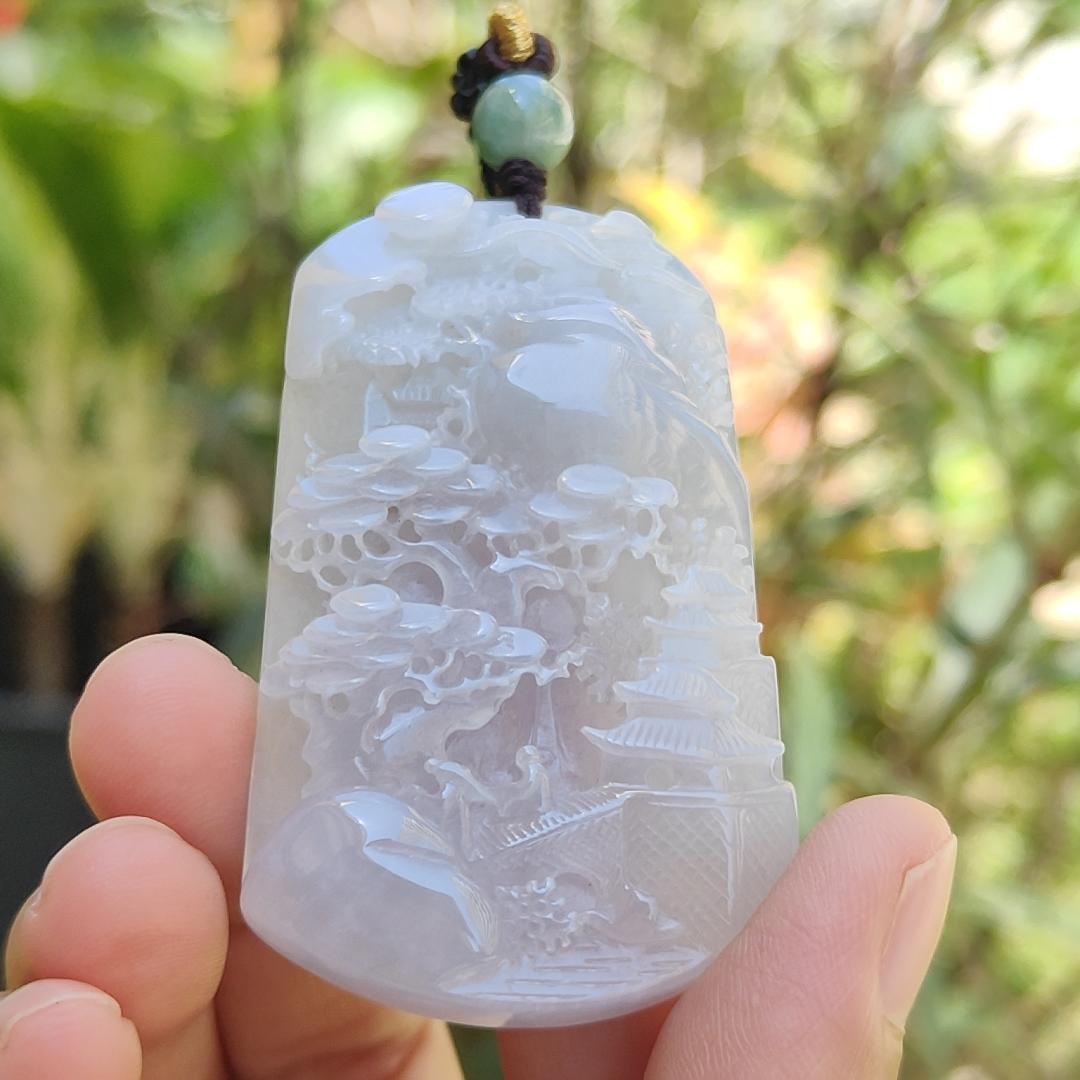 Light Lavender with red patches Natural Type A Jadeite Pendant Necklace crafted with fengshui scenery, certificate included weigh 44.44 grams, 60.8 * 36 * 9.8 mm (pendant104)