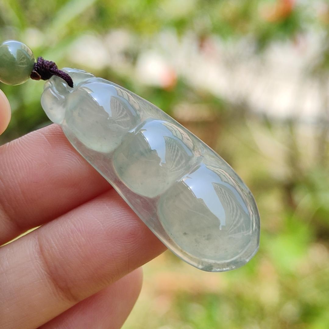 Premium Icy Translucent Green Hue Natural Type A Jadeite Jade crafted with French Beans as Pendant, symbols of Beauty, harmony, harvest and happiness, certificate weigh 7.44 grams, measurement 41.3 * 16.2 * 6.9 mm (pendant219)