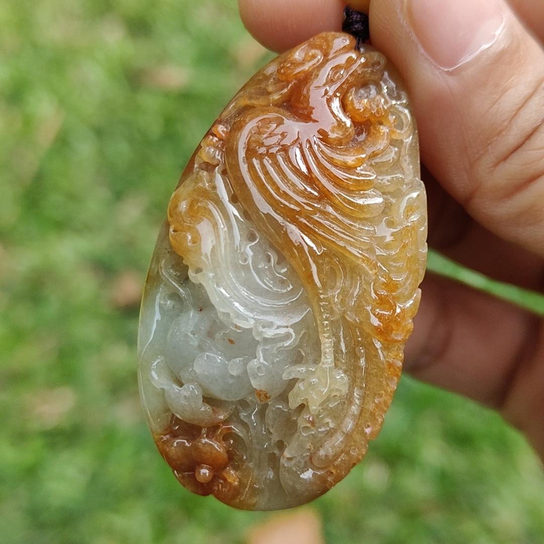 Rare Light Green with Red Natural Type A Jadeite Jade crafted as Phoenix to use as Pendant, certificate weighs  27.45 grams, measurement 52.3 * 28.5 * 12.5 mm (pendant279)