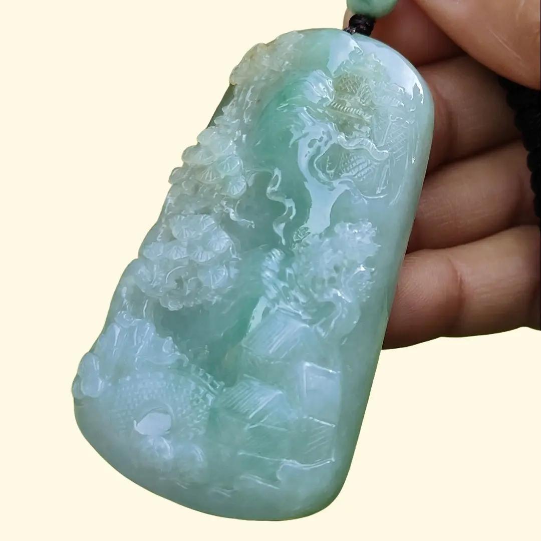 High Quality Light Green with Yellow Natural Type A Jadeite Jade crafted with sceneries as Pendant, certificate weighs 78.02 grams, measurement 66.1 * 40.5 * 13.3 mm (pendant280)