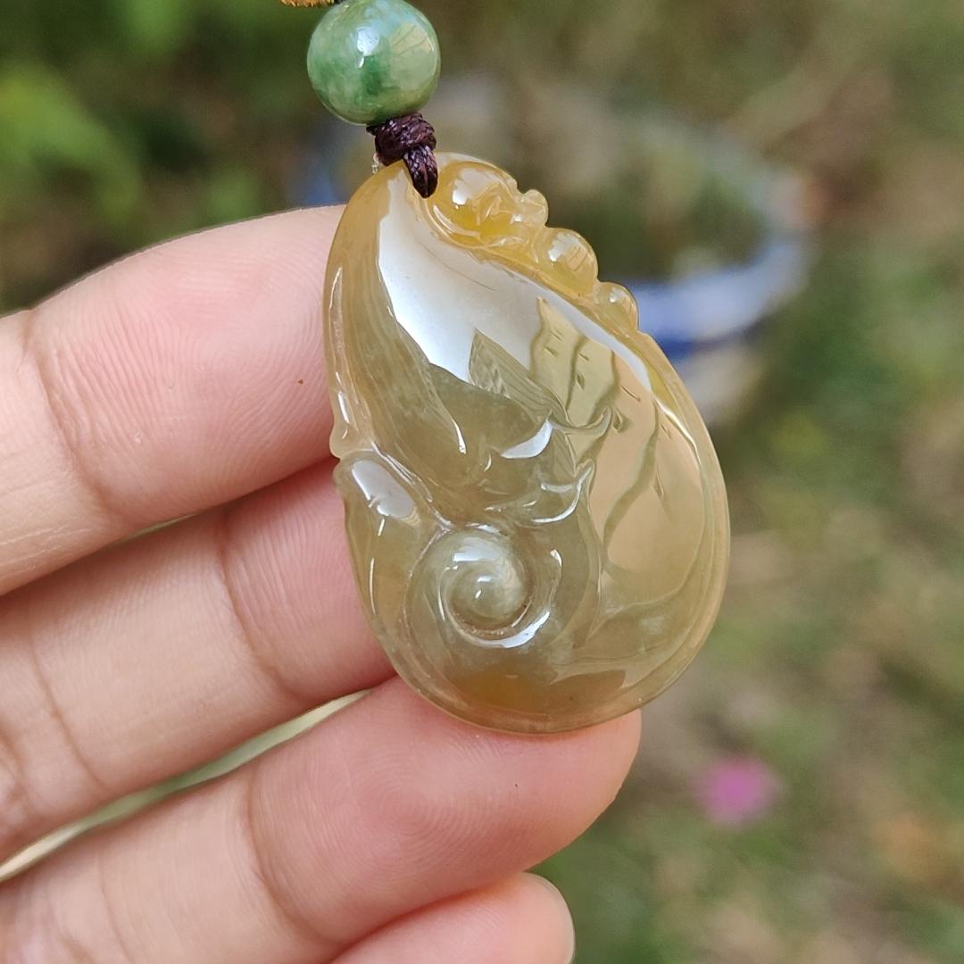 Rare Yellow Natural Type A Jadeite Jade crafted with Dragon Playing with Pearls as Pendant, certificate weigh 6.33 grams, measurement 32 * 21 * 6.5 mm (pendant217)