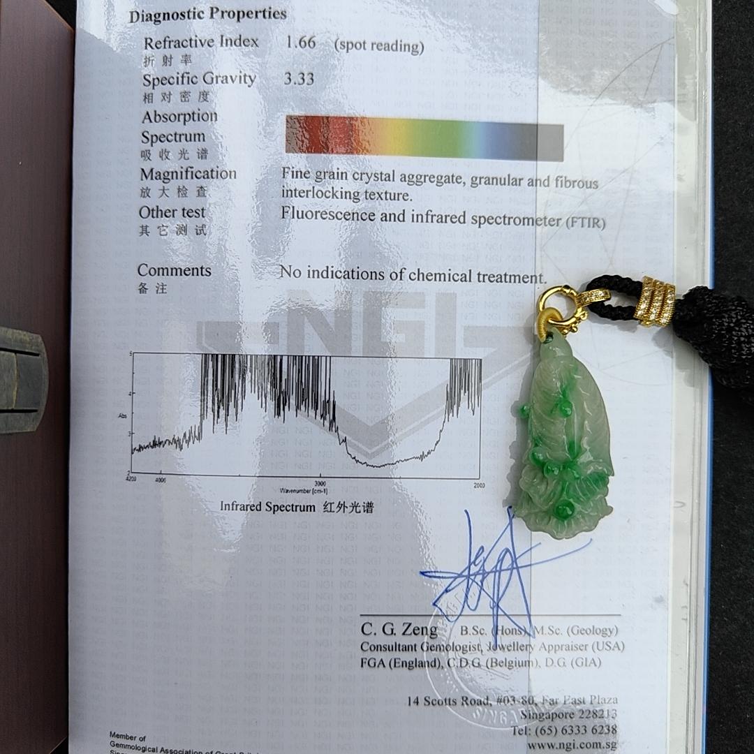 Rare Translucent Near White with Green Patches Natural Type A Jadeite pendant with NGI Gemstone report weight 72.19 grams, 44.87 * 20.83 * 14.52 mm carved as cabbage, with Gravity at 3.33 fine grain crystal aggregate suitable for daily wear (pendant127)