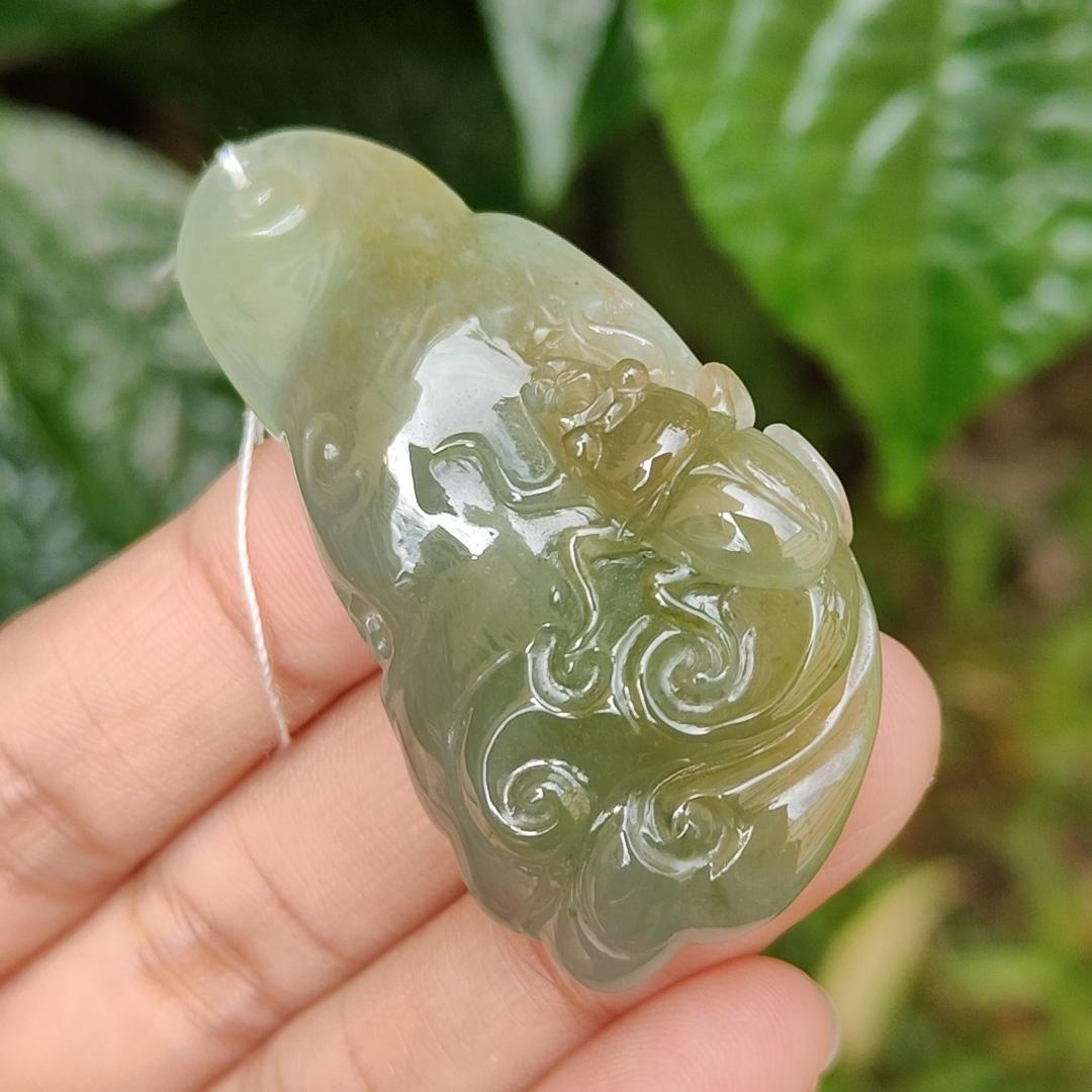 Green and Yellow Natural Type A Jadeite Pendant Necklace Crafted with Ruyi and Beetle, certificate included weigh 23.25 grams, 52.3 * 29 * 9.9 mm, symbols of A steady flow of wealth, protection from danger, safety and health (pendant163)