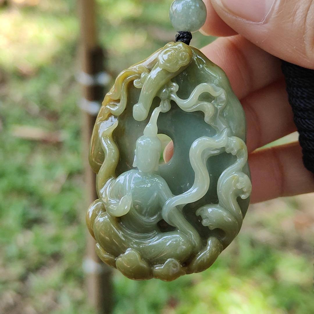 Good Quality Yellow and Green Natural Type A Jadeite Jade crafted with Ruyi and Faceless Buddha as Pendant, QIC approved labs certificate weigh 45.18 grams, measurement 53.1 * 38.3 * 14.8 mm (pendant273)