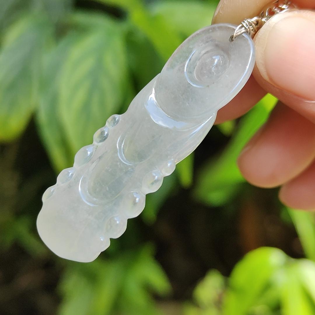 High Quality Icy Translucent Natural Type A Jadeite Jade crafted as Standing Guanyin, S925 clasp added as Pendant, certificate weighs 7.79 grams, measurement 45.7 * 14.8 * 6.3 mm (pendant269)