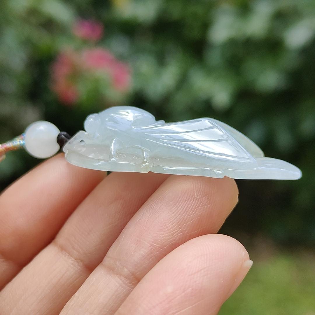 Crafted as cicada using Natural Type A Jadeite Jade as a Pendant Necklace with certificate weigh 9.25 grams, measurement 40.3 * 23.2 * 9.5 mm (pendant185)