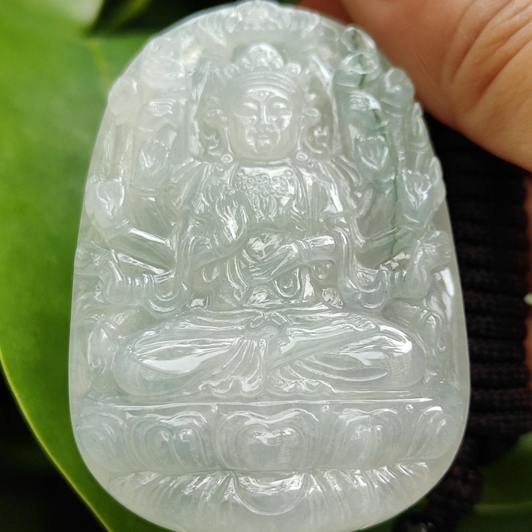 High Quality Light Green Hue Good Translucent Natural Type A Jadeite Jade crafted with Thousand Hands Guanyin as Pendant, certificate weighs 31.12 grams, measurement 57.6 * 38.4 * 6.8 mm (pendant293)