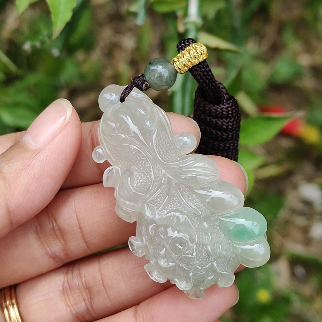 Icy Variety with good translucency and one patch of green crafted as the Chinese cabbage Natural Type A Jadeite Pendant Necklace with certificate weigh 22.88 grams, 51 * 26.3 * 13.8 mm, symbols of Harvest, auspiciousness, wealth and purity (pendant26)