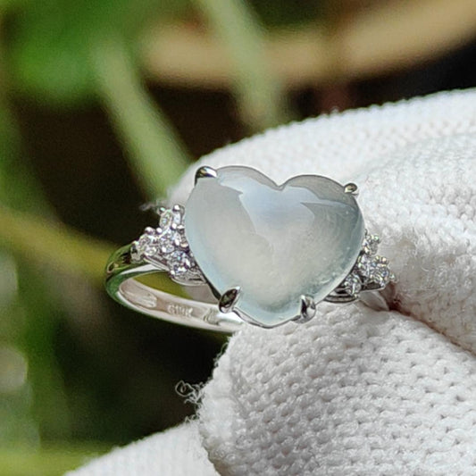 Mid Year Offer - Premium Icy Translucent Natural Type A Jadeite Jade Cabochon 8.5 * 9.8 * 3.2 mm crafted with shape of Heart set on 18k gold as Ring, certificate weighs 1.83 grams (18kring27)