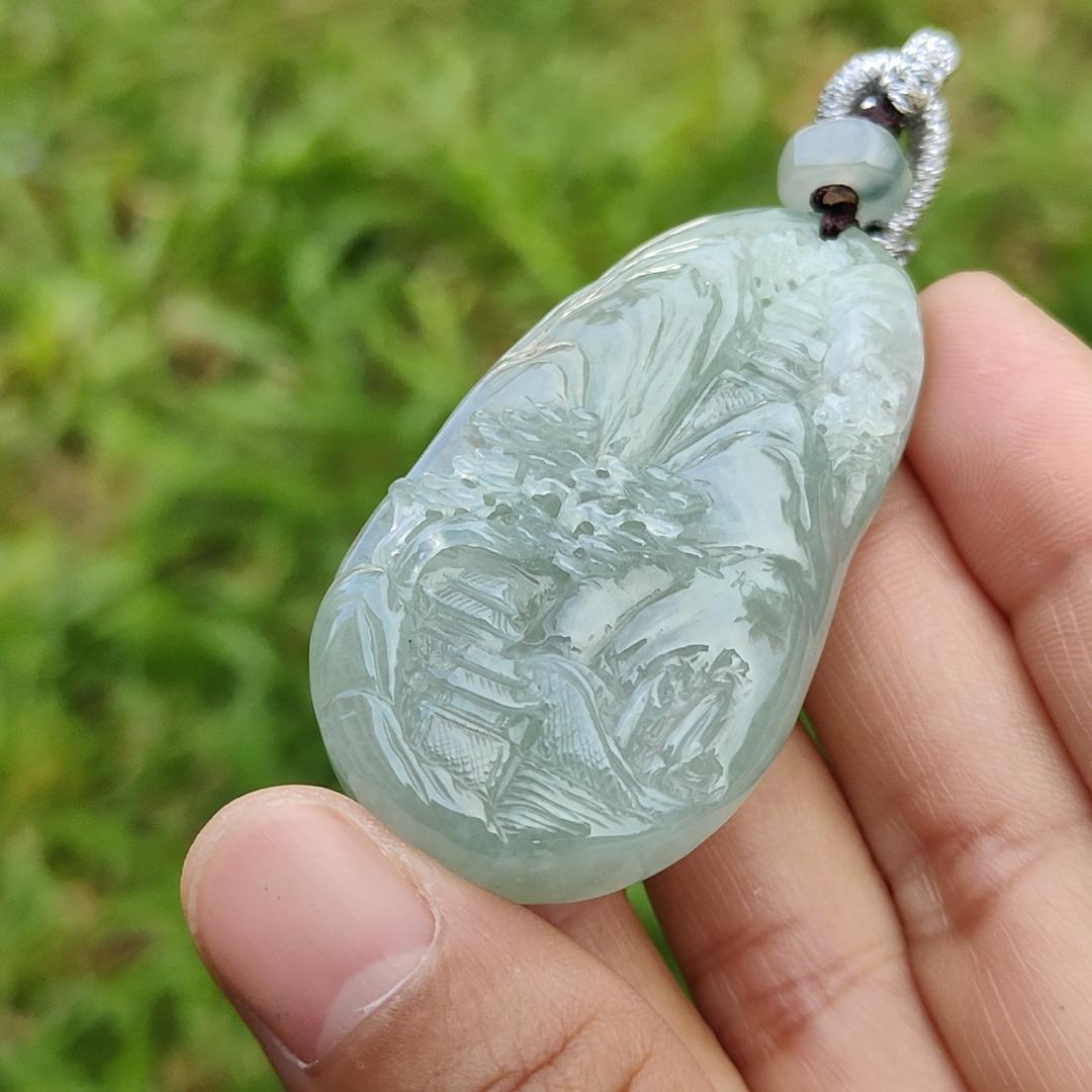 Premium Full Light Green with Good Translucency Natural Type A Jadeite Pendant Necklace crafted with Moutain, Trees, Houses, Bride and Running Water with certificate weigh 28.09 grams, 54 * 29.8 * 9.8 mm (pendant36)