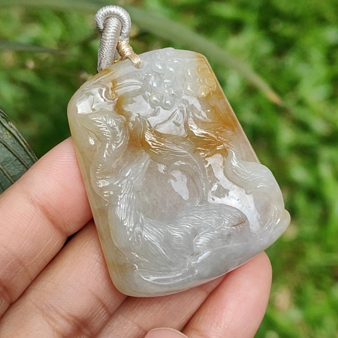 Yellow and White Semi Icy Natural Type A Jadeite Pendant Necklace crafted with nine tail fox symbols of Love, Charisma, and Good Luck, GIC Labs approved certificate included weigh 32.9 grams, 44 * 36 * 9 mm, suitable for daily wear