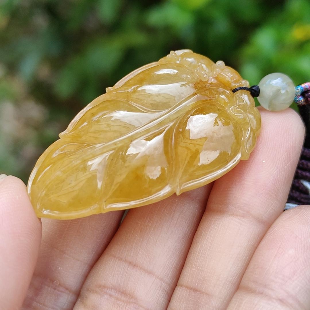 Very fine and old full Yellow Natural Type A Jadeite Pendant carved as a leave and a Mythical Beast on it with certificate weight 16.02 grams, 44 * 26 * 10 mm meaning Good luck and auspiciousness (pendant107)