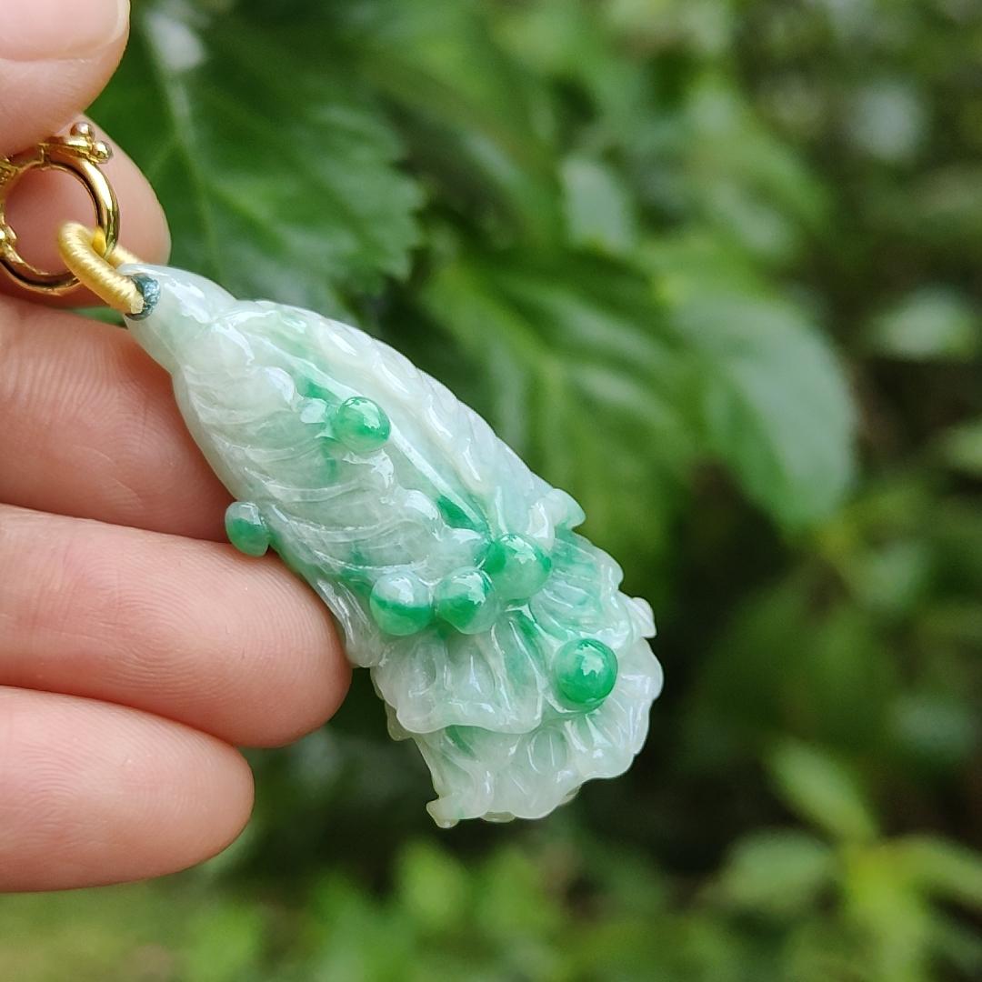 Rare Translucent Near White with Green Patches Natural Type A Jadeite pendant with NGI Gemstone report weight 72.19 grams, 44.87 * 20.83 * 14.52 mm carved as cabbage, with Gravity at 3.33 fine grain crystal aggregate suitable for daily wear (pendant127)