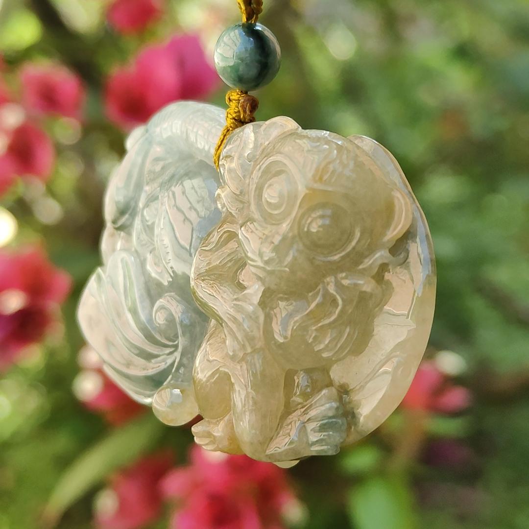 Light green and Yellow Natural Type A Jadeite Pendant, a rare collection carved with Monkey, Elephant and Ruyi, symbols of Wisdom, strength, authority, good luck and protection, certificate included weigh 47.85 grams, 55.7 * 36 * 13.8 mm (pendant74)