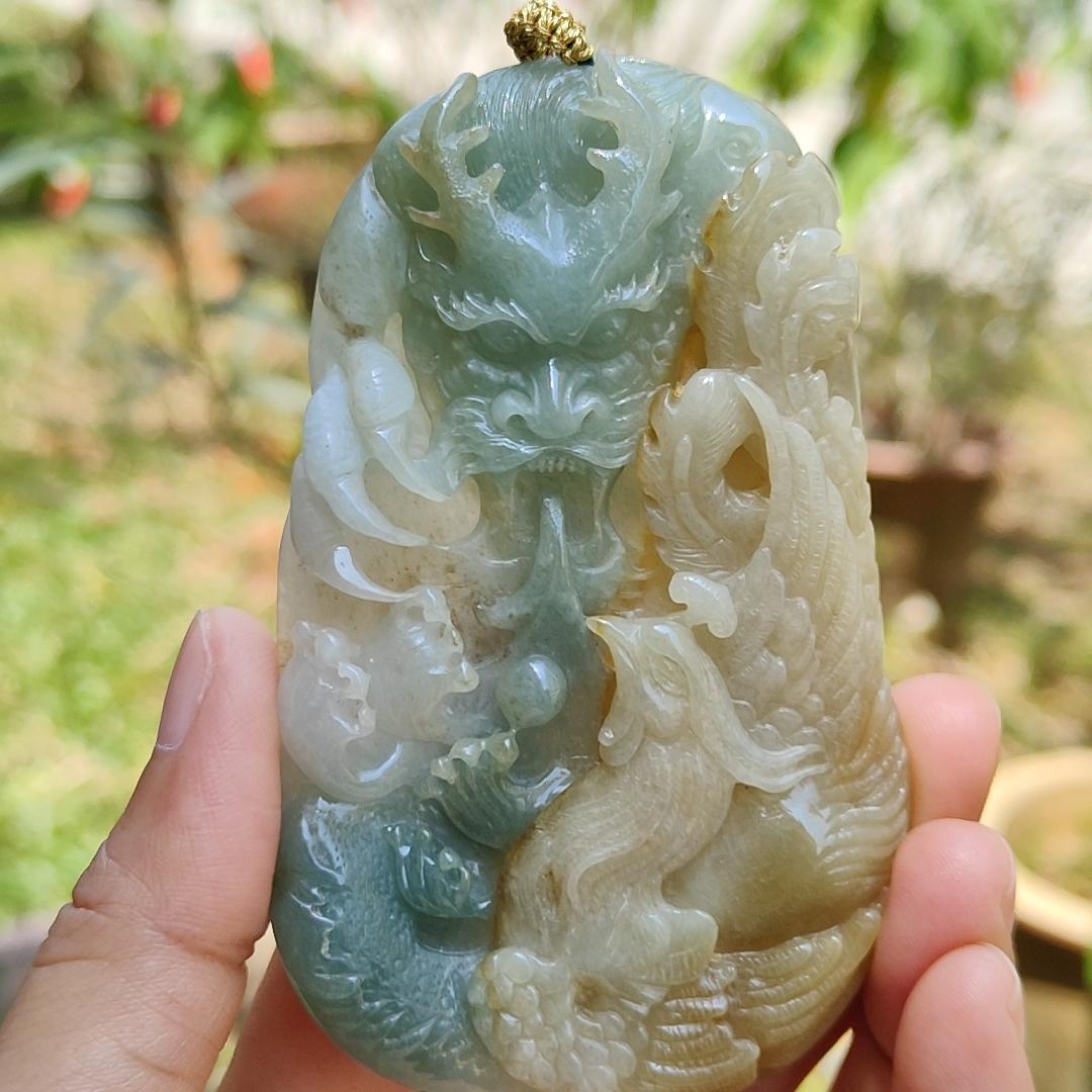 Light Green and Yellow Natural Type A Jadeite Jade Crafted with Dragon and Pheonix as Pendant, Certificate weigh 96.95 grams, measurement 90.2 * 55.7 * 11.5 mm (pendant222)