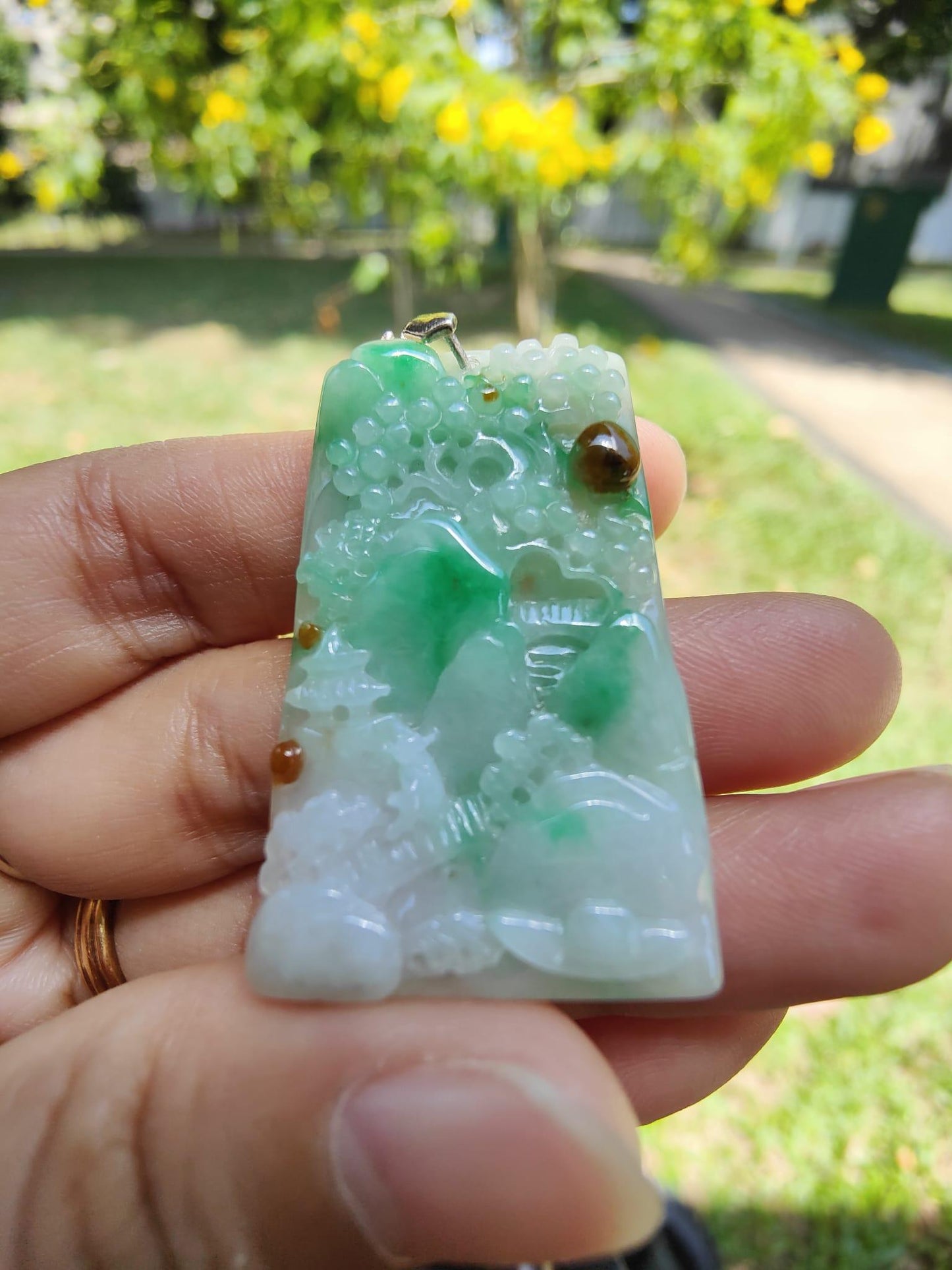 Good Quality Very Beautiful Light Green, Brown Natural Type A Jadeite Jade crafted with sceneries as Pendant, certificate weighs 9.72 grams, measurement 40 * 24.8 * 4.6 mm (pendant288)