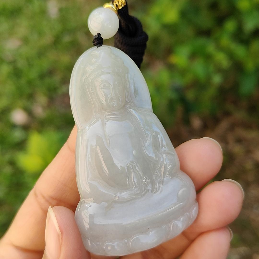 Semi Icy Natural Type A Jadeite Pendant carved as Guanyin with certificate weighs 23.87 grams, 60.3 * 37.1 * 6.2 mm, represents Compassion, wisdom and peace, suitable for daily wear (pendant83)