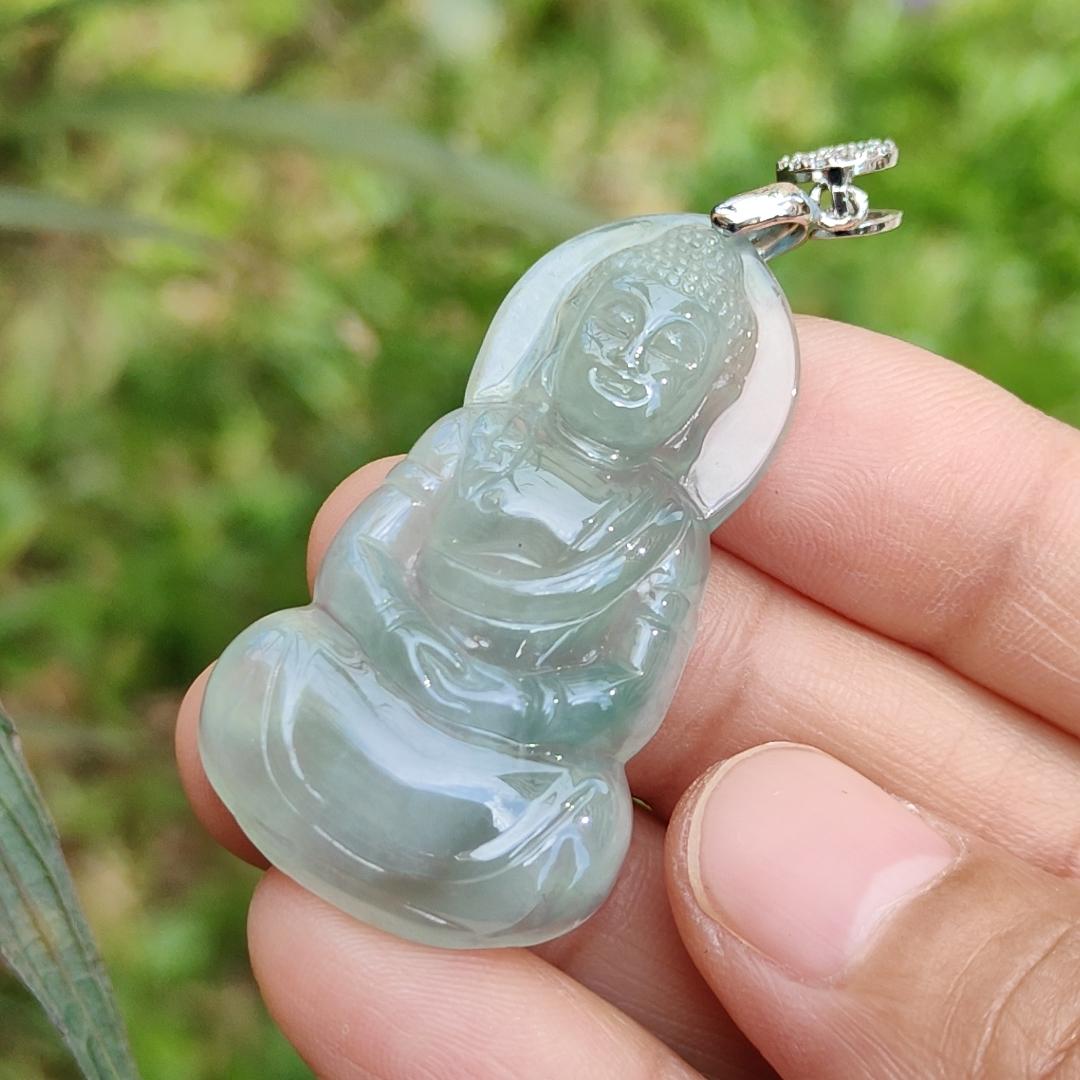 Premium Icy Good Translucency Green Hue Natural Type A Jadeite Pendant Necklace crafted as Buddha with certificate weigh 8.65 grams, 42.5 * 23.8 * 5.8 mm, collectible jadeite suitable for daily wear