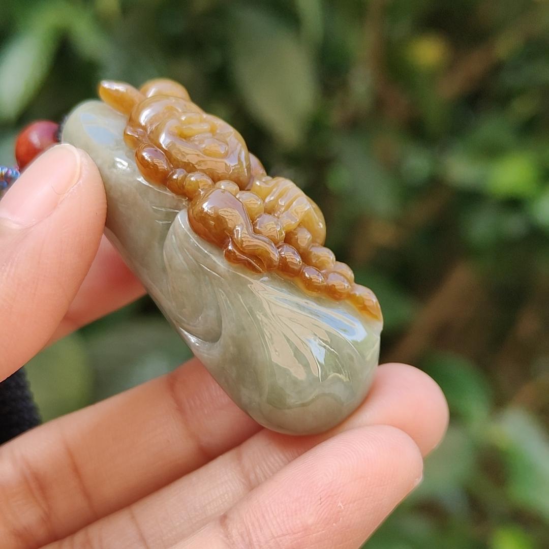 Very Rare Good Quality Reddish Yellow and Light Green Natural Type A Jadeite Jade crafted with Milo Buddha as Pendant with certificate weigh 37.43 grams, measurement 50 * 18.5 * 20.3 mm (pendant235)