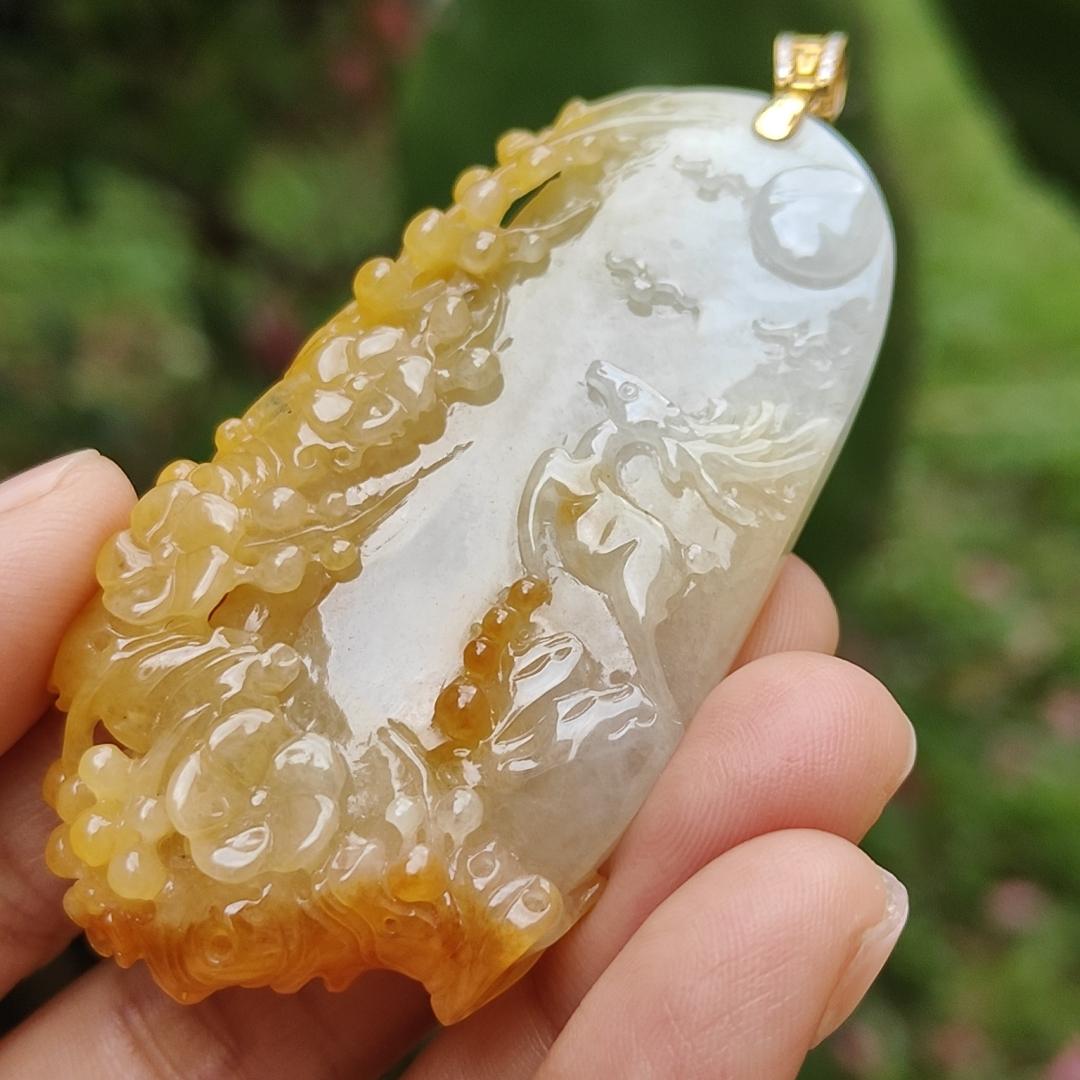 Very Rare Orange Yellow Natural Type A Jadeite Jade crafted with Deer added with 18k Gold Clasp as Pendant, certificate weighs 33.26 grams, measurement 64.8 * 35.2 * 8.5 mm (18kp48)