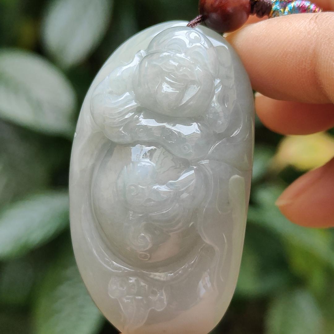 High Quality Light Green Hue Natural Type A Jadeite Jade crafted as Milo Buddha for Pendant, certificate weighs 44.34 grams, measurement 52.6 * 29.6 * 17.5 mm (pendant289)