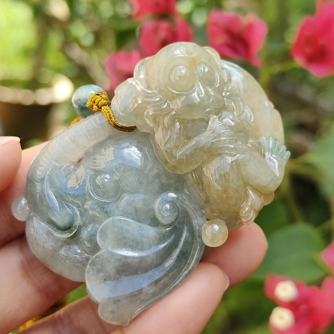 Light green and Yellow Natural Type A Jadeite Pendant, a rare collection carved with Monkey, Elephant and Ruyi, symbols of Wisdom, strength, authority, good luck and protection, certificate included weigh 47.85 grams, 55.7 * 36 * 13.8 mm (pendant74)