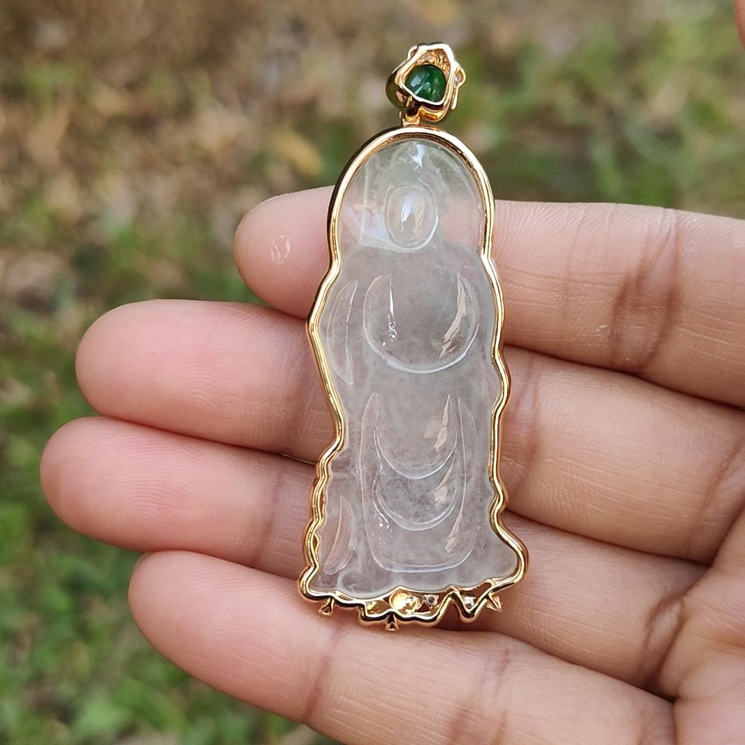 High Quality Light Green and Green Cabochon Icy Translucent Natural Type A Jadeite Jade crafted as Guan Gong set on 18k Gold as Pendant, certificate weighs 8.07 grams, measurement 57.2 * 22.7 * 5.8 mm (18kp46)