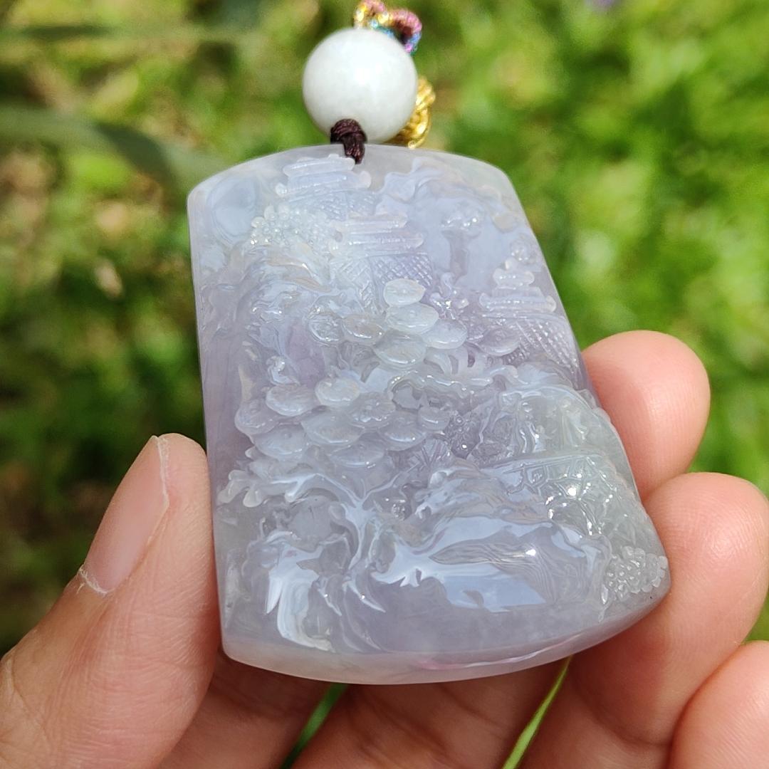 Lavender with green patches Crafted with People, Moutains, Trees, bridge, water, good for boosting personal fengshui Natural Type A Jadeite Pendant Necklace with certificate weigh 42.92 grams, 51.5 * 36.2 * 11.5 mm