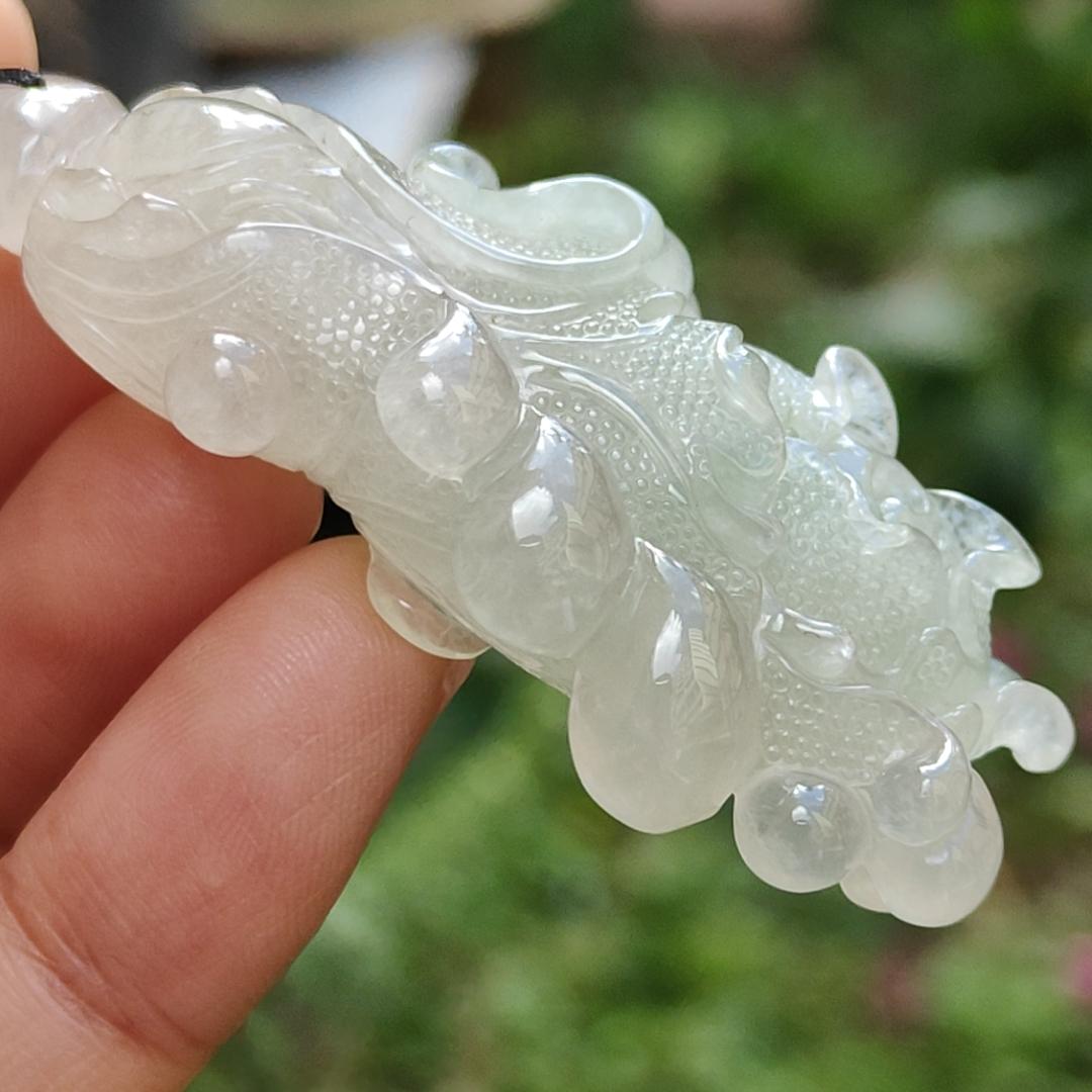 High-Quality Icy Translucent with Light Green Natural Type A Jadeite Jade crafted as Cabbage, Pendant certificate weighs 24.55 grams, measurement 56.3 * 24.6 * 12.6 (pendant272)