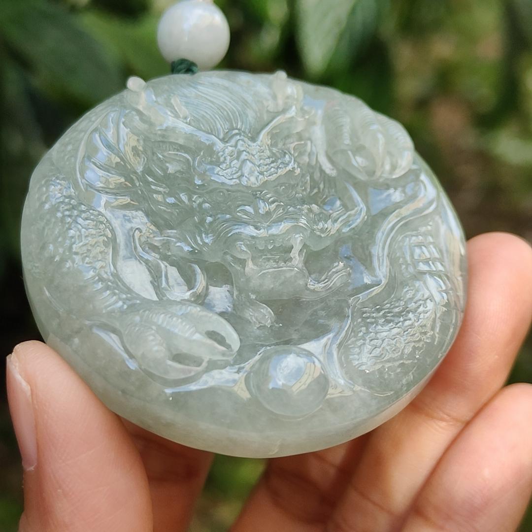 Premium Full Light Green Natural Type A Jadeite Jade Pendant Necklace crafted with Dragon with good glossy shines, certificate included weigh 77.81 grams, 55.5 * 55.5 * 13.8 mm (pendant169)