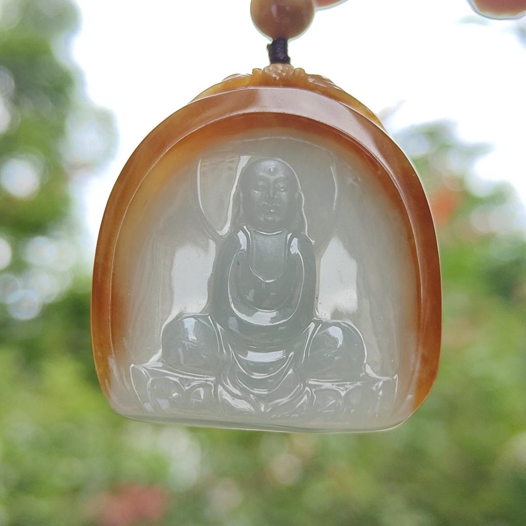 Rare old yellow Natural type A jadeite pendant with certificate carved as buddha seating on lotus weight 26.99 grams, 38.20 * 34.20 * 8.80 mm suitable for daily wear (pendant122)