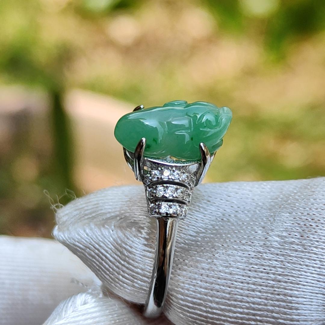 Green Natural Type A Jadeite Jade crafted with Pixiu set on adjustable S925 as a Ring with certificate weigh 2.6 grams, measurement 12.2 * 7 * 4.9 (s925ring9)