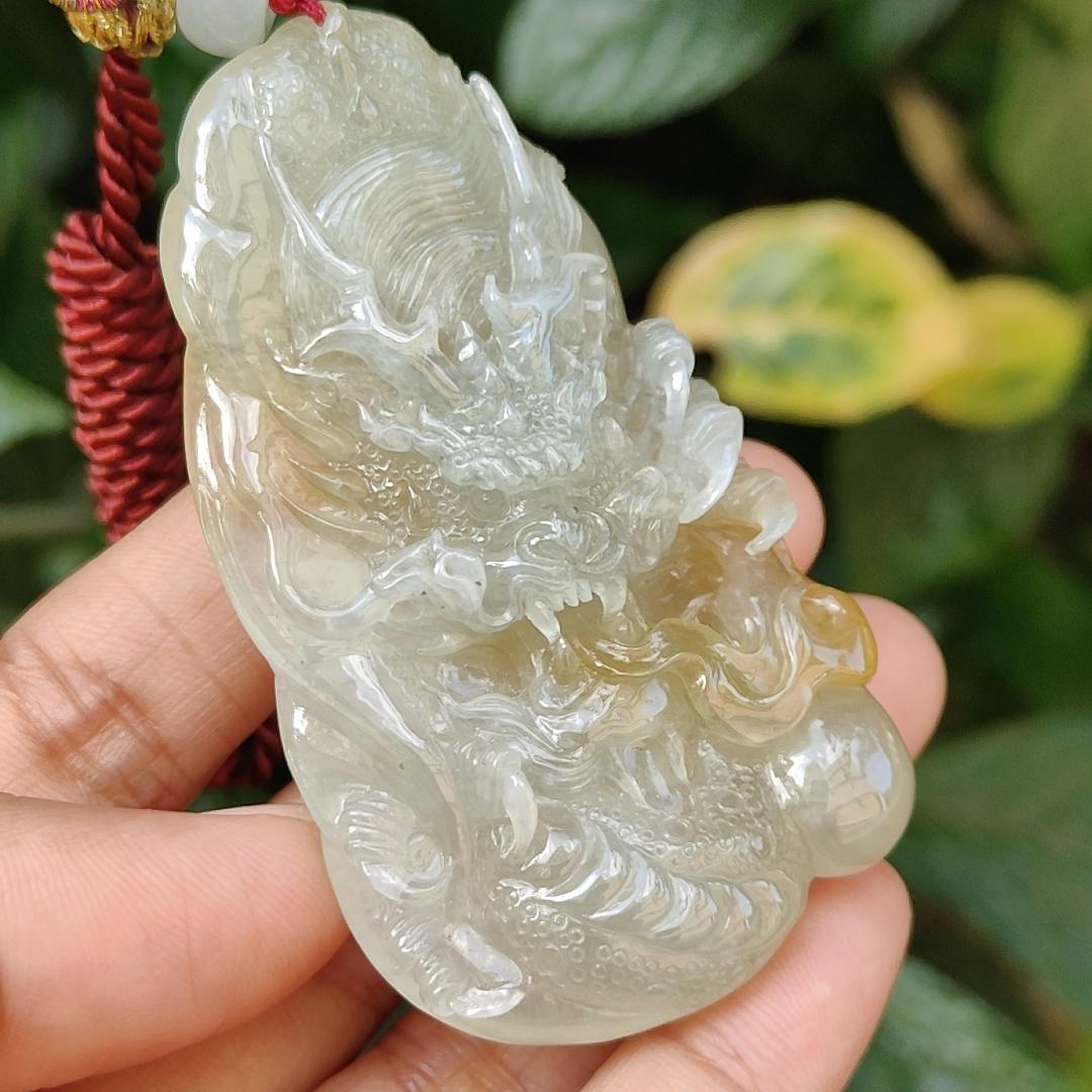 Premium Quality Yellow Natural Type A Jadeite Jade crafted with Dragon as Pendant, certificate weighs 53.72 grams, measurement 67.3 * 37.5 * 12.9 mm (pendant240)