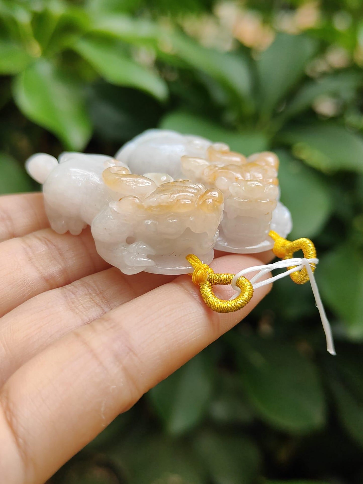 Sales - High Quality Pair of White, Yellow Natural Type A Jadeite Jade crafted as Pixiu for Pendant, certificate weighs 24.25 / 19.87 grams, measurements 50 * 21.3 * 14.1 / 47 * 20.6 * 13.6 mm (pendant292)