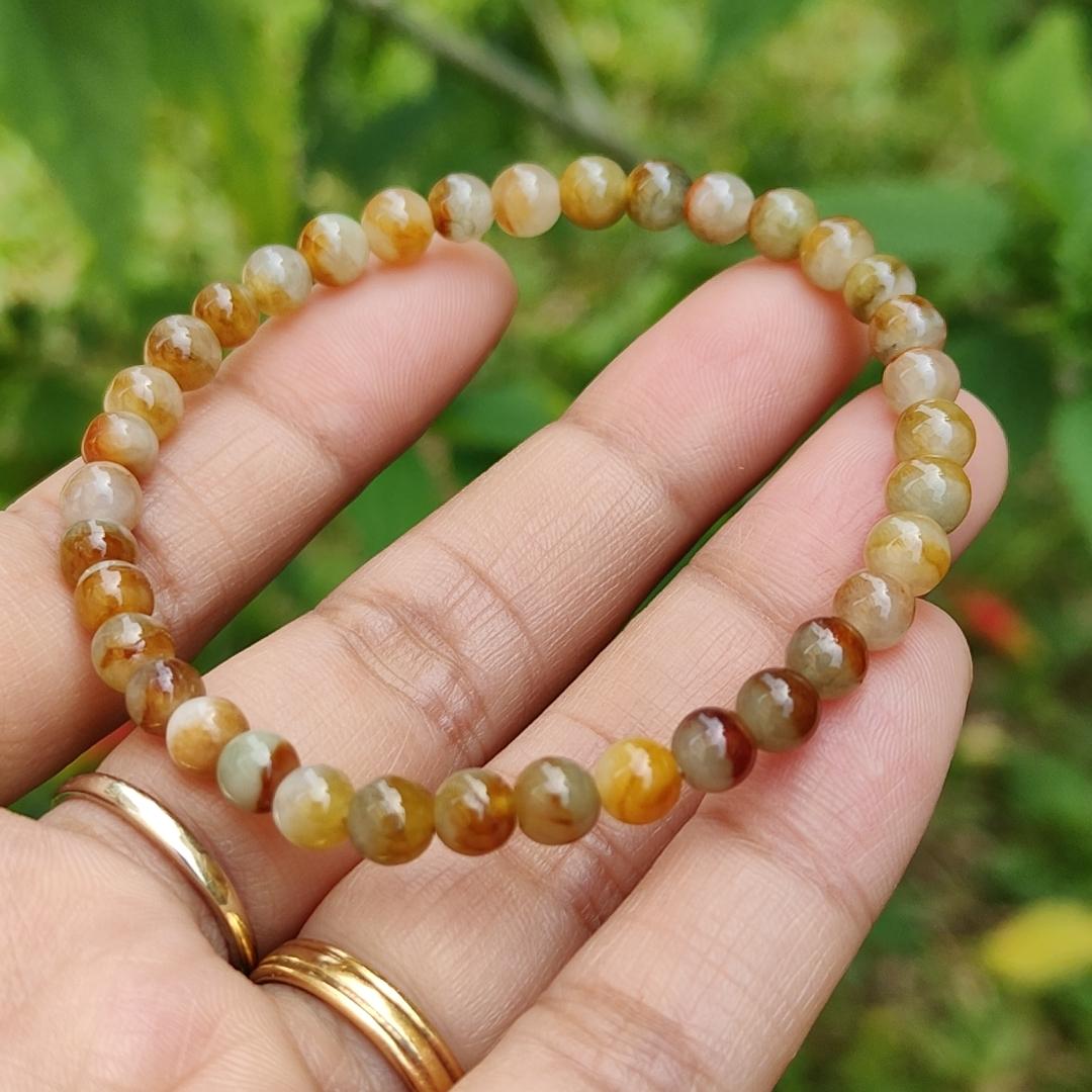 Elegant and Good Quality 5.3mm Icy Yellow, Red, Brown Natural Type A Jadeite Jade 36 Beads Bracelet with QIC labs approved certificate weigh 8.76 grams (bracelet13)