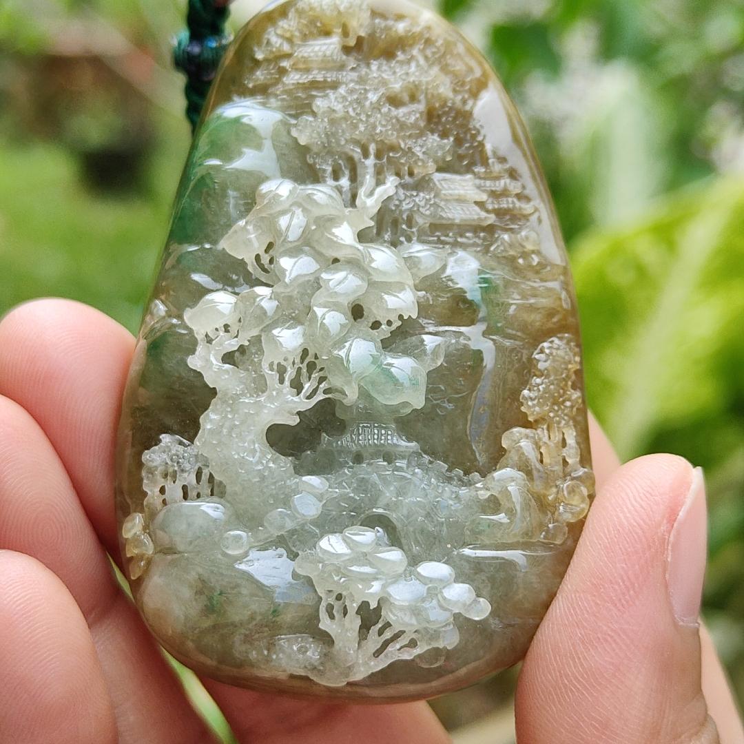 Hugh, Rare, High-Quality Brown with Light Green Natural Type A Jadeite Jade crafted with Sceneries as Pendant, certificate weighs 67.2 * 43.3 * 19.3 mm (pendant266)