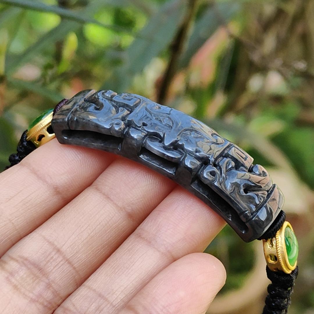 Wuji Black Natural Type A Jadeite Bracelet crafted with Tao Tie, symbols of Power and abundance and Money, with certificate weigh, mm  11.17 grams, 48.8 * 13.3 * 6.9 (bracelet7)