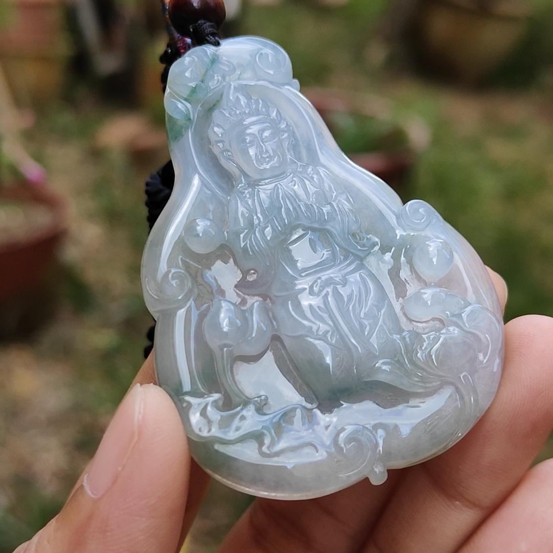 High Quality Light Lavender, Light Green with Yellow patches Natural Type A Jadeite Jade crafted with Guanyin as Pendant, certificate weigh 27.22 grams, measurement 63 * 44.3 * 6.8 mm (pendant229)