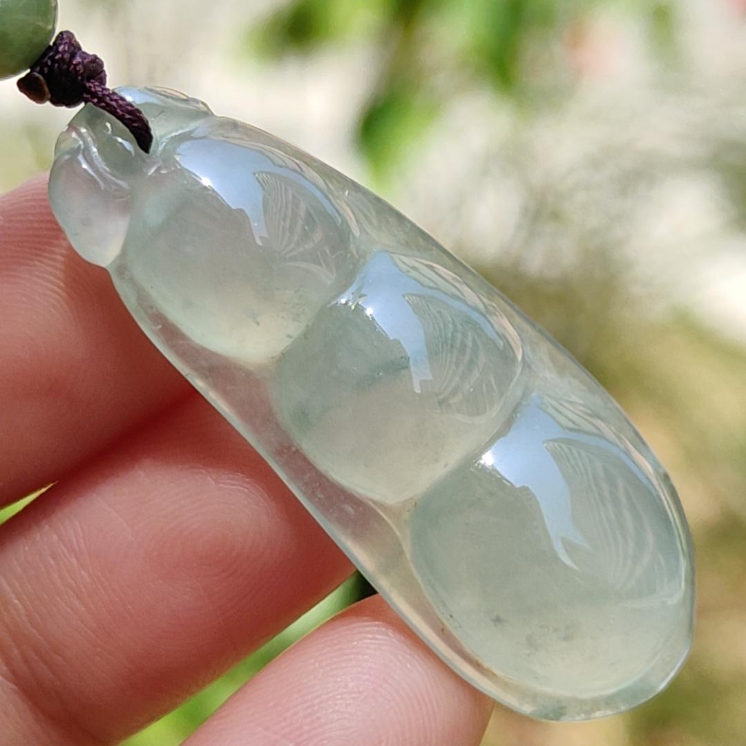 Premium Icy Translucent Green Hue Natural Type A Jadeite Jade crafted with French Beans as Pendant, symbols of Beauty, harmony, harvest and happiness, certificate weigh 7.44 grams, measurement 41.3 * 16.2 * 6.9 mm (pendant219)