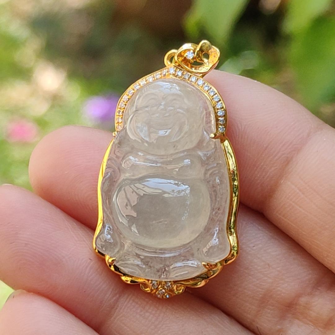 Premium Icy Translucent Natural Type A Jadeite Jade crafted as Standing Milo Buddha set on 18k gold with diamonds as Pendant, certificate included weigh 6.56 grams, measurement 37.5 * 19.7 * 9 mm (18kp27)