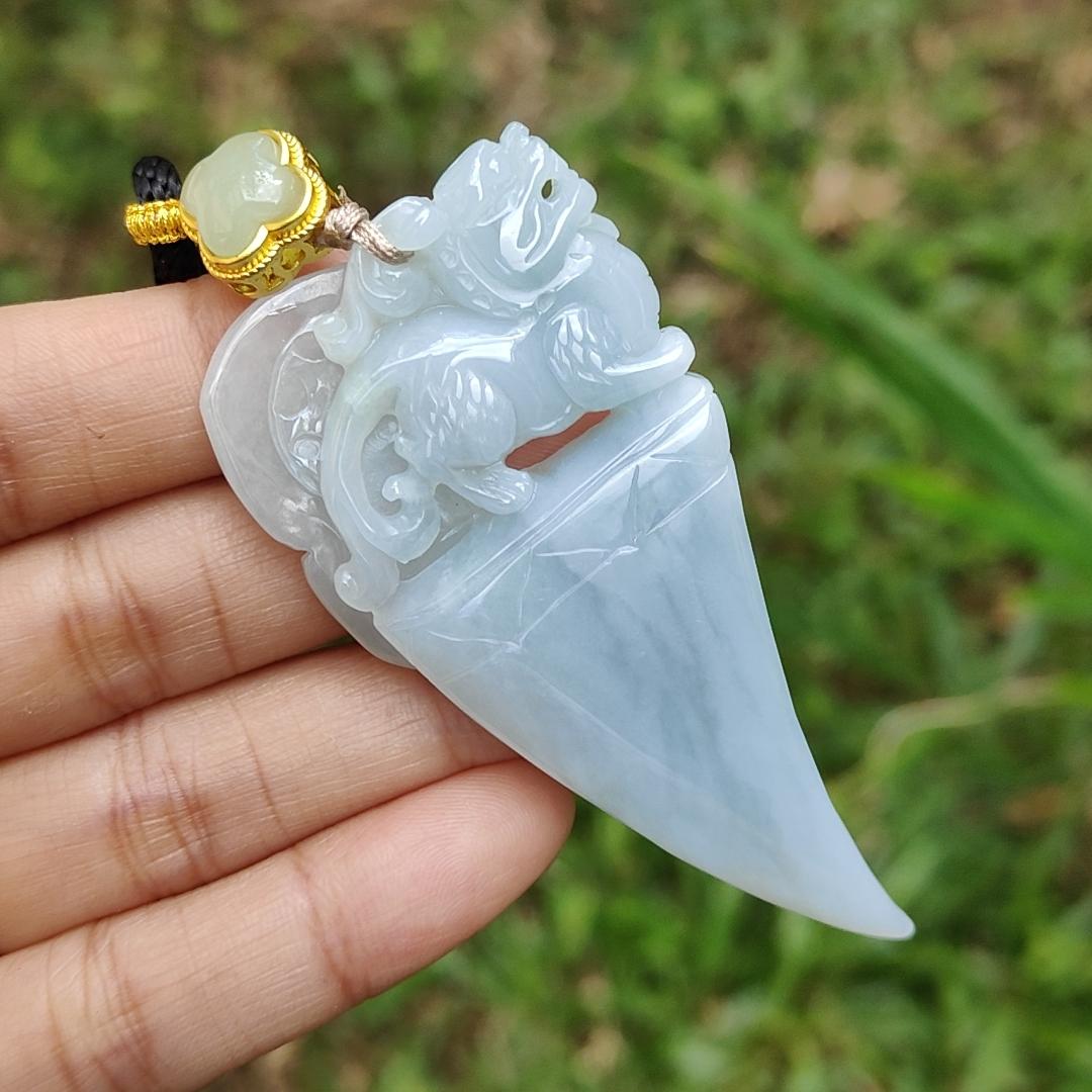 Bluish Light Lavender Natural Type A Jadeite Pendant crafted as Dragon Teeth with Pixiu and Ruyi, the symbols of Wealth and good luck, certificate weighs 27.63 grams, 67.3 * 33.2 * 7.8 mm, very suitable for daily wear (pendant58)