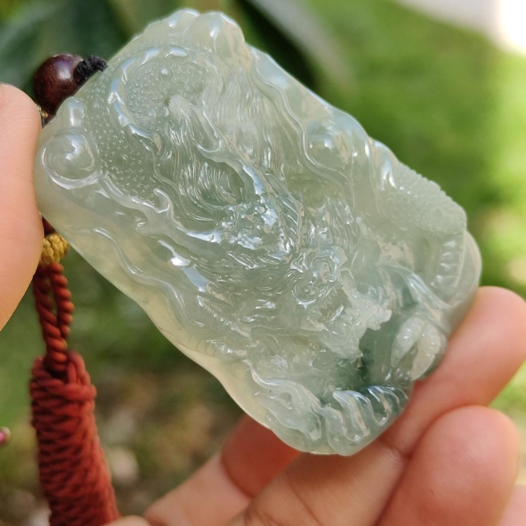 Premium Full Green with Green patches Rare Natural Type A Jadeite Jade Pendant Necklace Crafted as Dragon with certificate weigh 40.07 grams, 53.6 * 36 * 12.3 mm (pendant168)