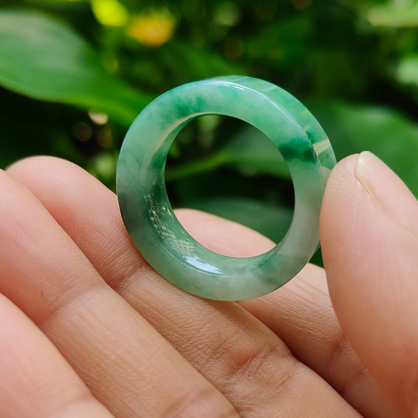 High Quality Green,Green Patches Natural Type A Jadeite Jade crafted as Ring, finger size 19.1mm, QIC approved labs certificate weighs 7.68 grams, measurement 7.7 * 4.4 mm (ring8)