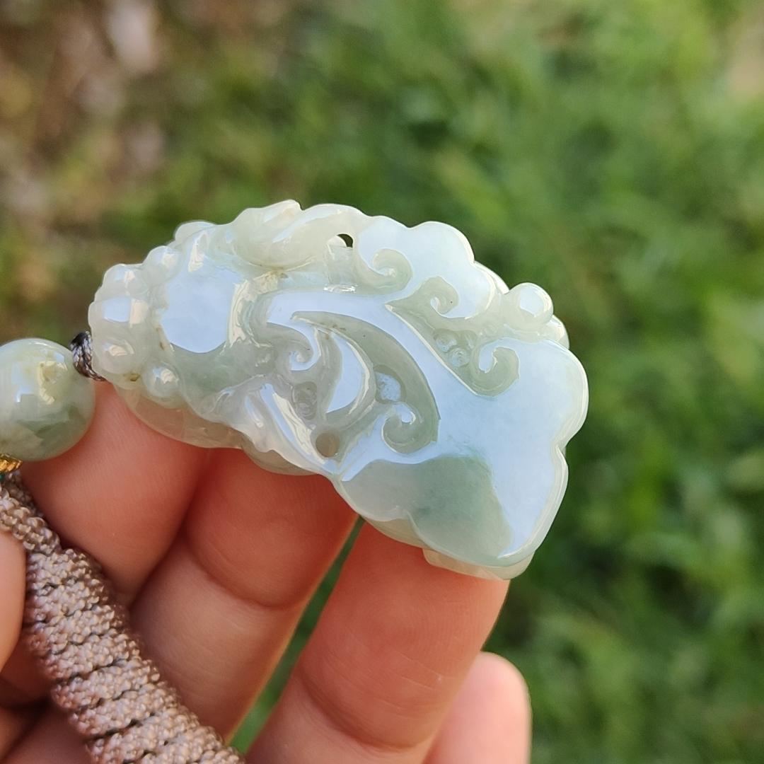 Crafted as Pixiu Light Green Natural Type A Jadeite Jade Pendant Necklace with certificate weigh 18.41 grams, measurement 38.3 * 21.6 * 11 mm (pendant178)