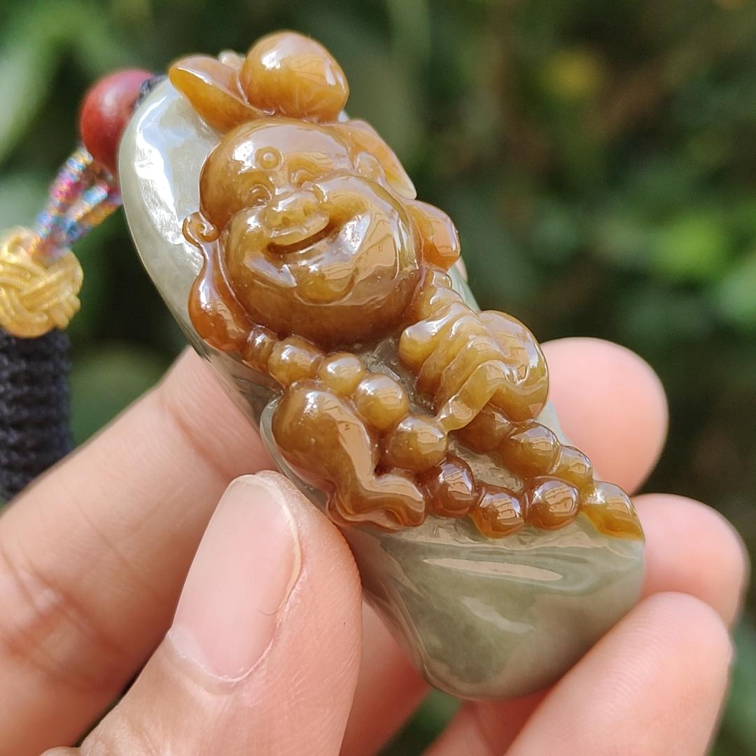 Very Rare Good Quality Reddish Yellow and Light Green Natural Type A Jadeite Jade crafted with Milo Buddha as Pendant with certificate weigh 37.43 grams, measurement 50 * 18.5 * 20.3 mm (pendant235)